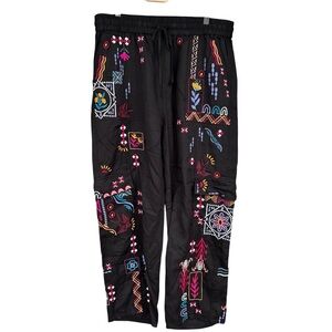 Johnny Was Campo Drawstring Cargo Pant Womens L Black Embroidered Boho Luxe